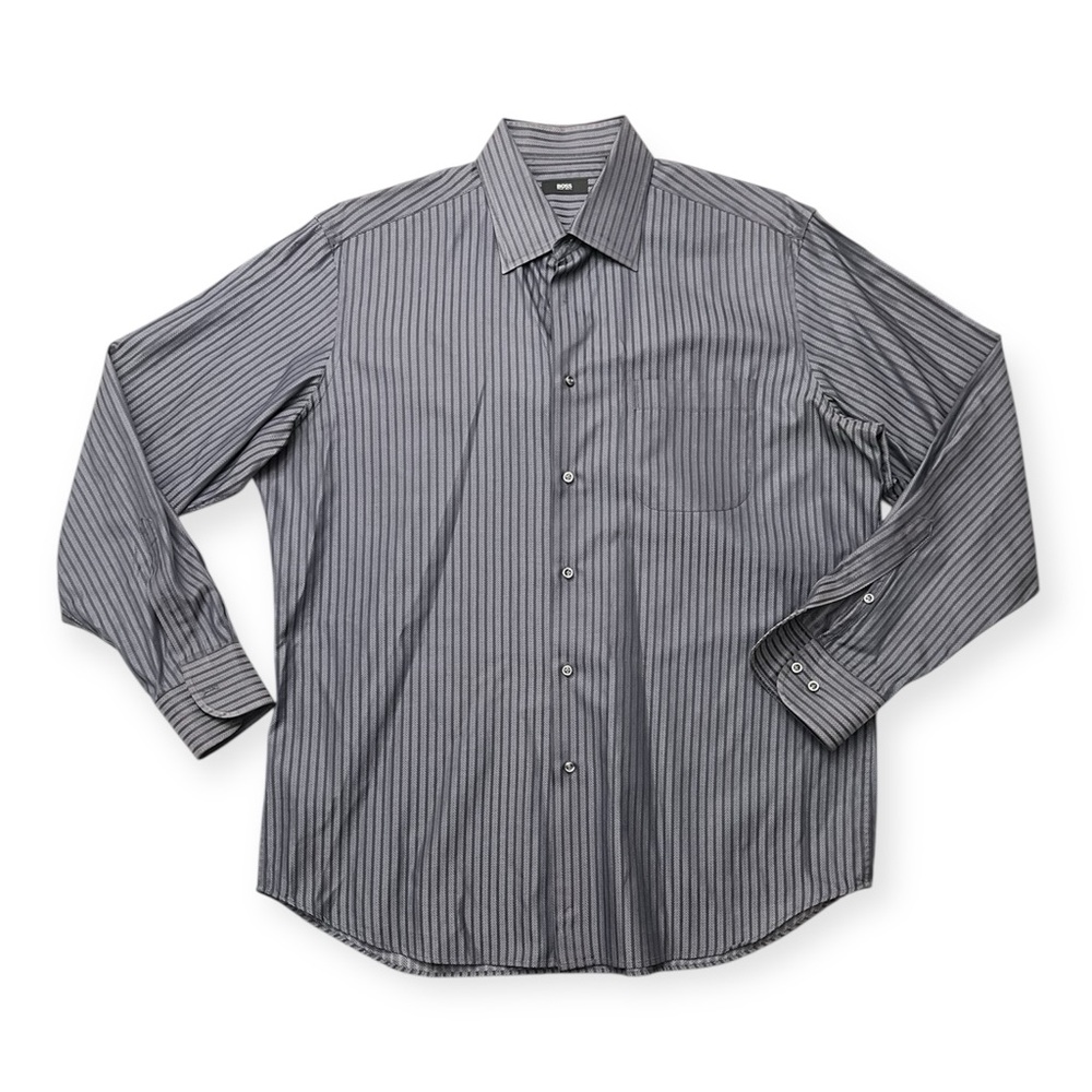 BOSS Hugo Boss Men’s Dress Shirt – Gray Striped Herringbone